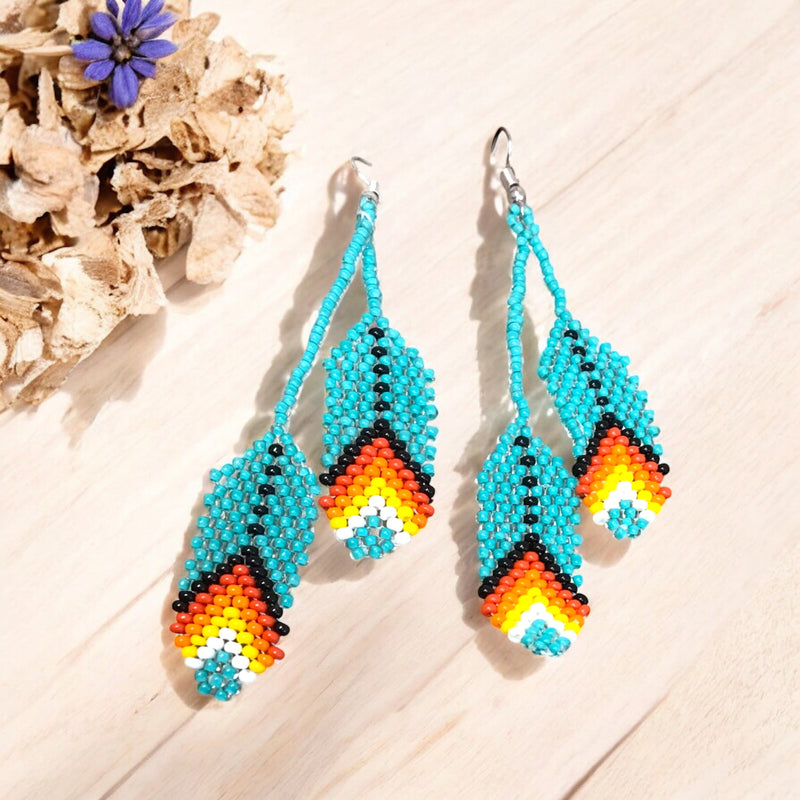 turquoises Beaded Feather Earrings-3