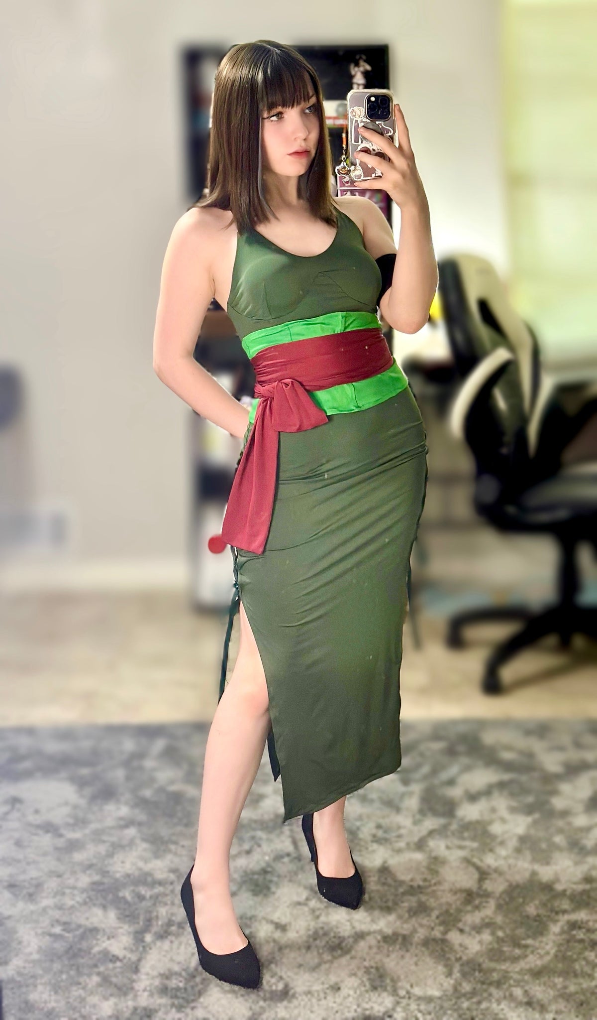 [Inventory Clearance] Female Zoro Cosplay Green Sleeveless High-slit Long Dress Halloween Costume-10