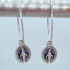 Blue Enamel filled Miraculous Medal Earrings-2