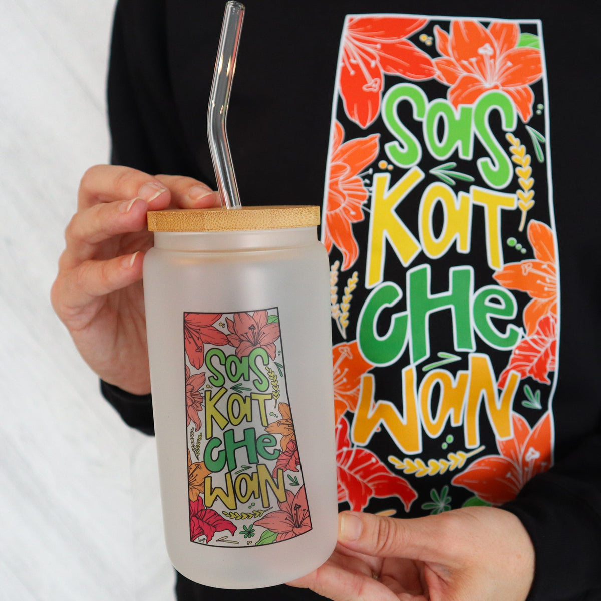 Vaso de vidrio esmerilado con tapa de bambú "Saskatchewan Grow Where You Are Planted"