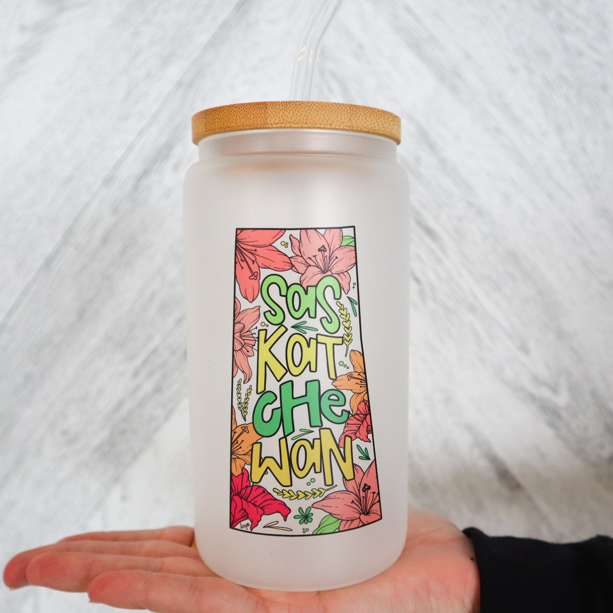 Vaso de vidrio esmerilado con tapa de bambú "Saskatchewan Grow Where You Are Planted"