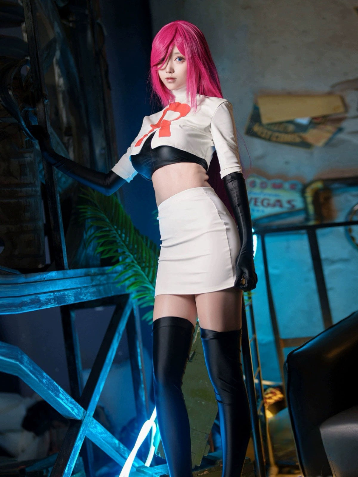 Anime Team Rocket Spandex Leather Cosplay Costume Set with Gloves and Skirt-10