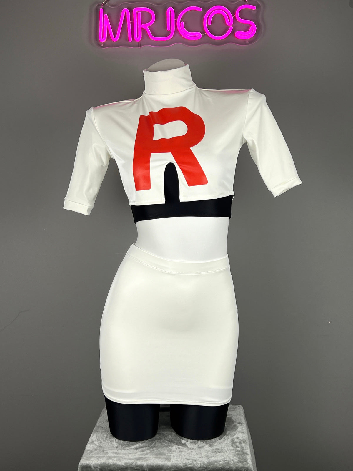 Anime Team Rocket Spandex Leather Cosplay Costume Set with Gloves and Skirt-2