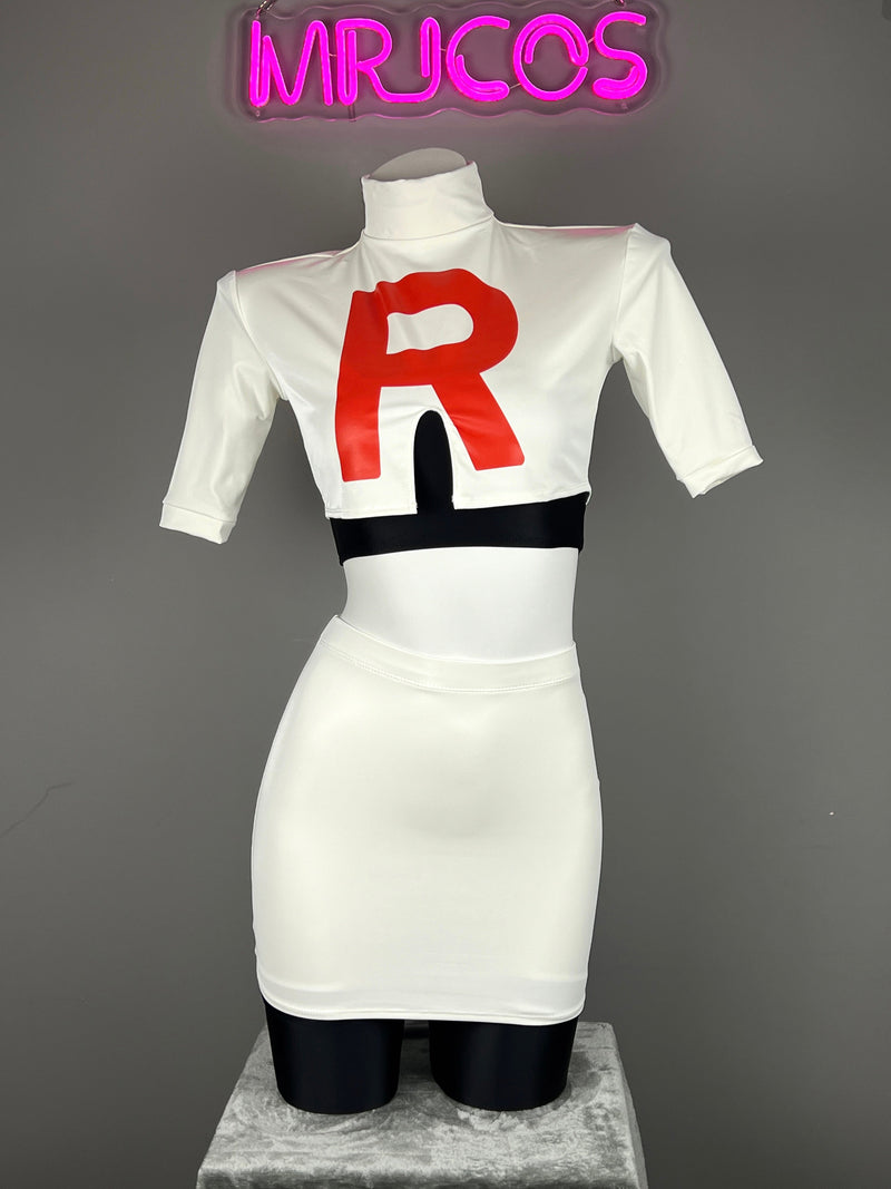 Anime Team Rocket Spandex Leather Cosplay Costume Set with Gloves and Skirt-2