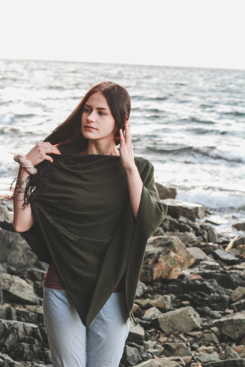 Forest Green Poncho with Birds Print-3