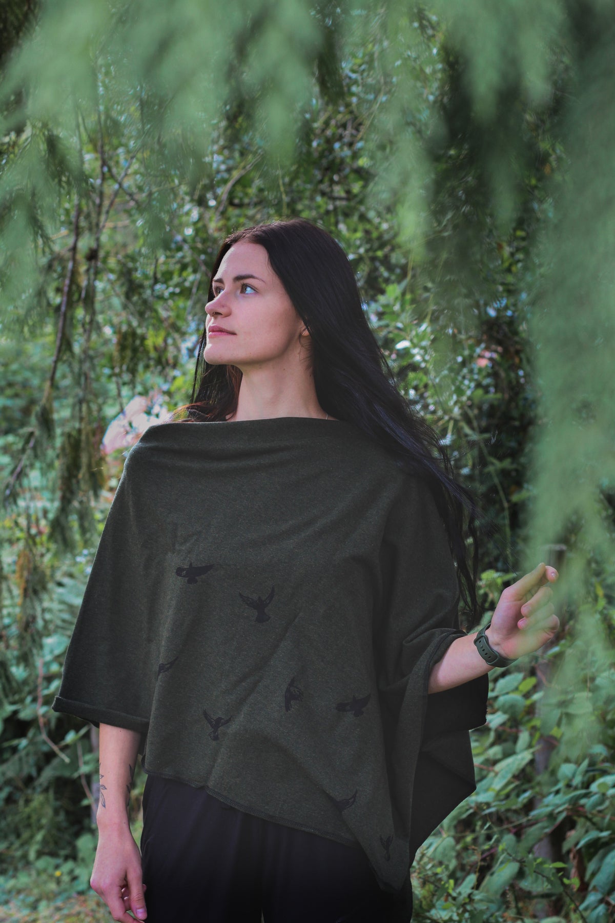 Forest Green Poncho with Birds Print-5