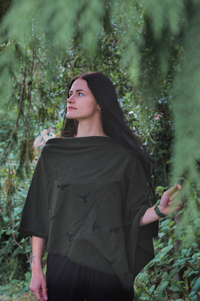 Forest Green Poncho with Birds Print-5