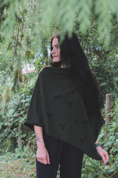 Forest Green Poncho with Birds Print-1