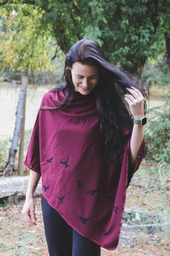 Merlot Poncho with Birds Print-3