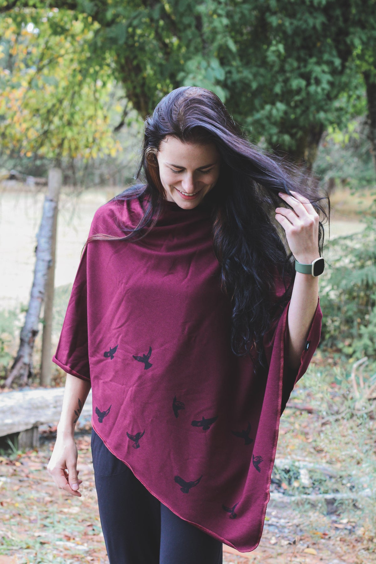 Merlot Poncho with Birds Print-3