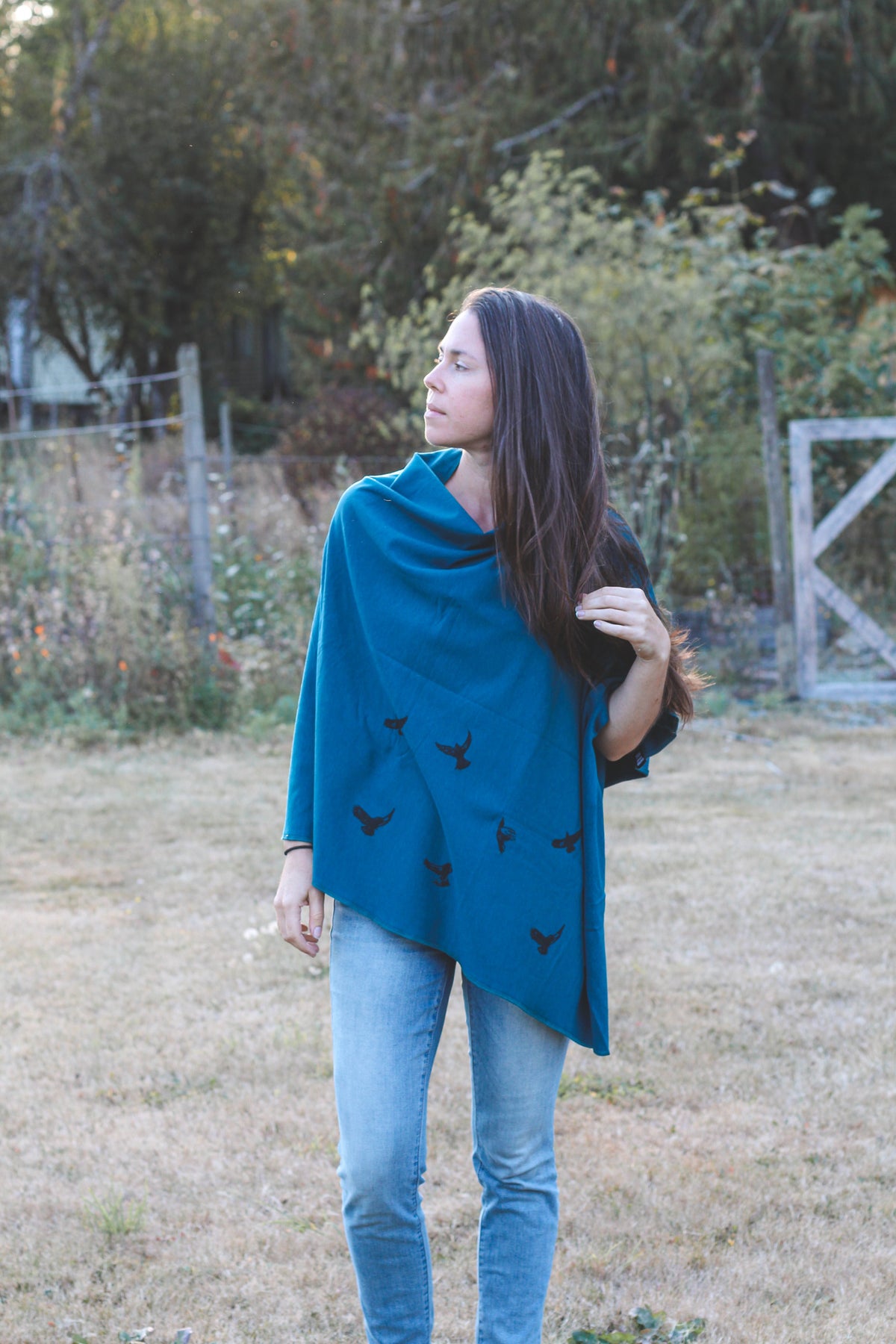 Moroccan Blue Poncho with Birds Print-3