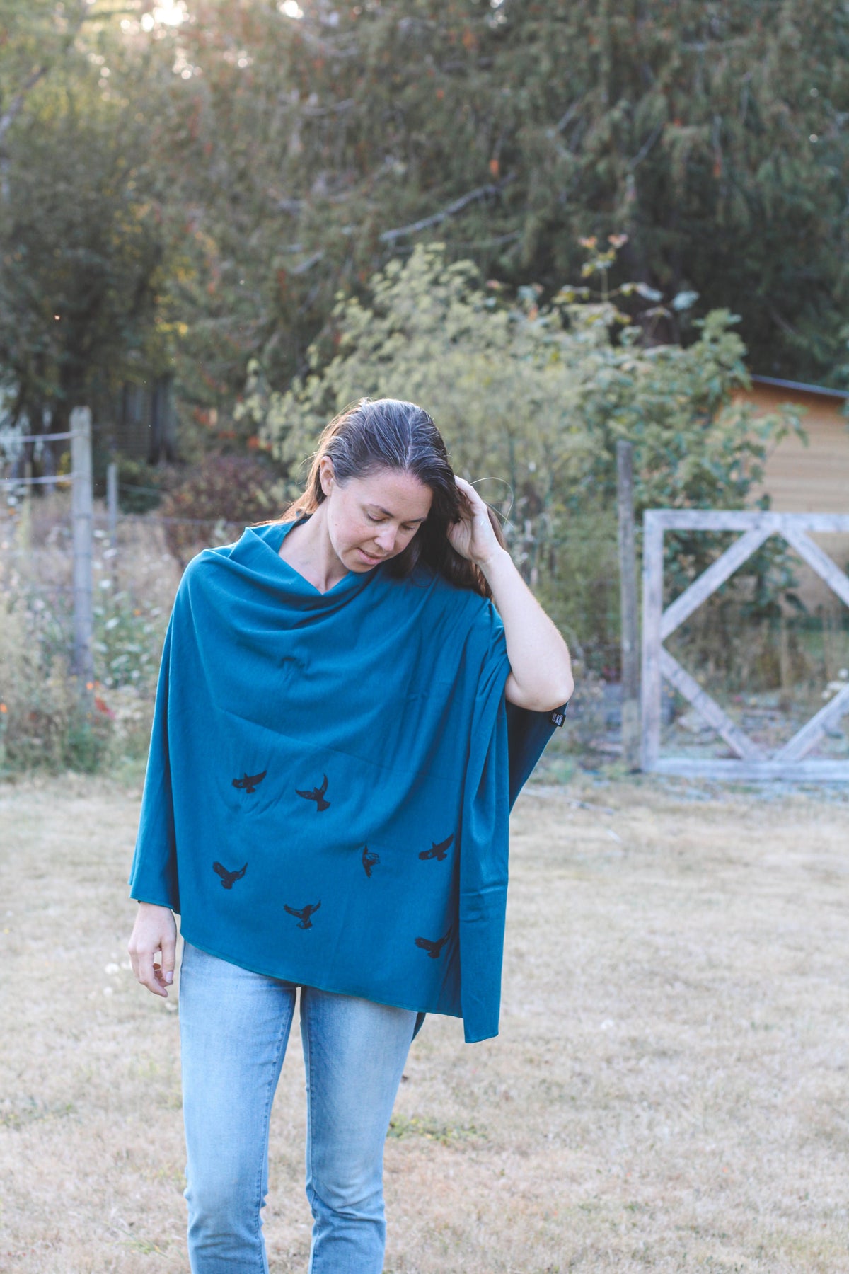 Moroccan Blue Poncho with Birds Print-4