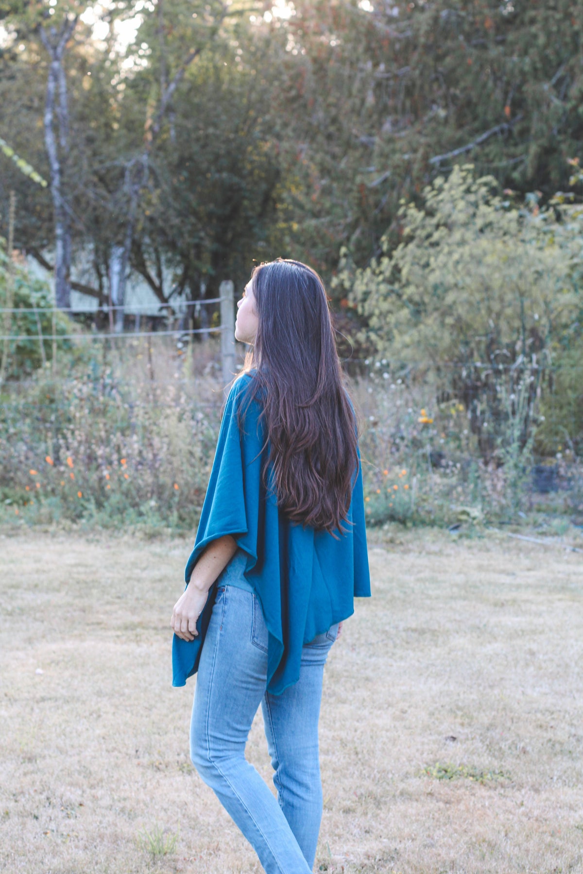 Moroccan Blue Poncho with Birds Print-2