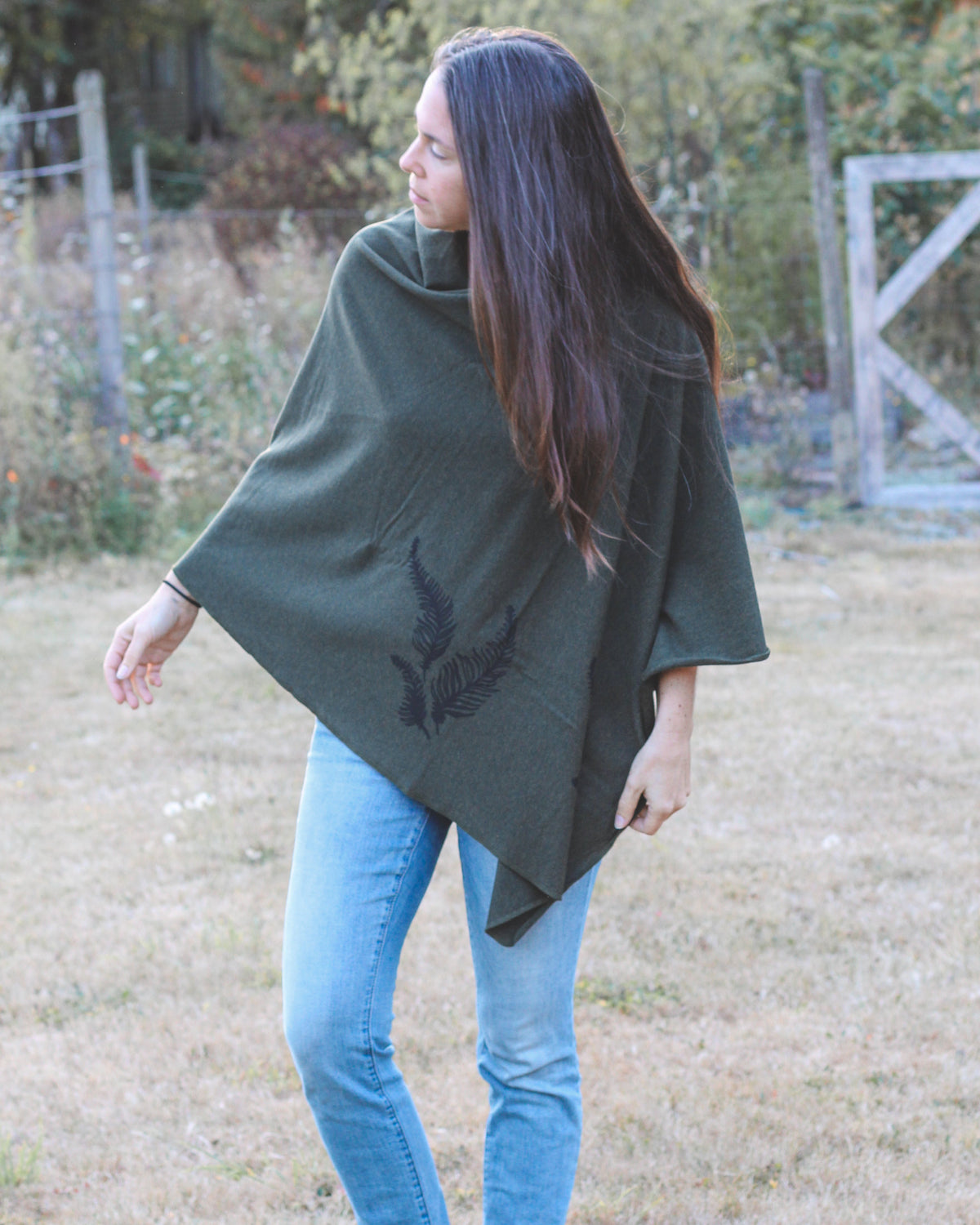 Forest Green Poncho with Fern Print-3
