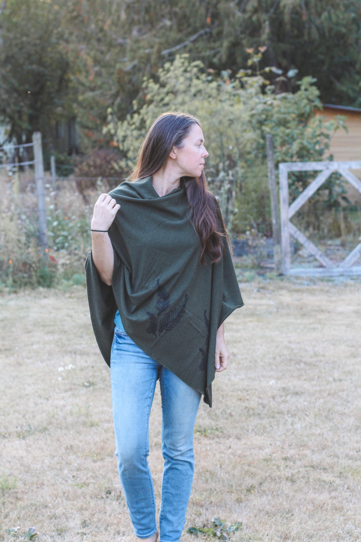 Forest Green Poncho with Fern Print-5