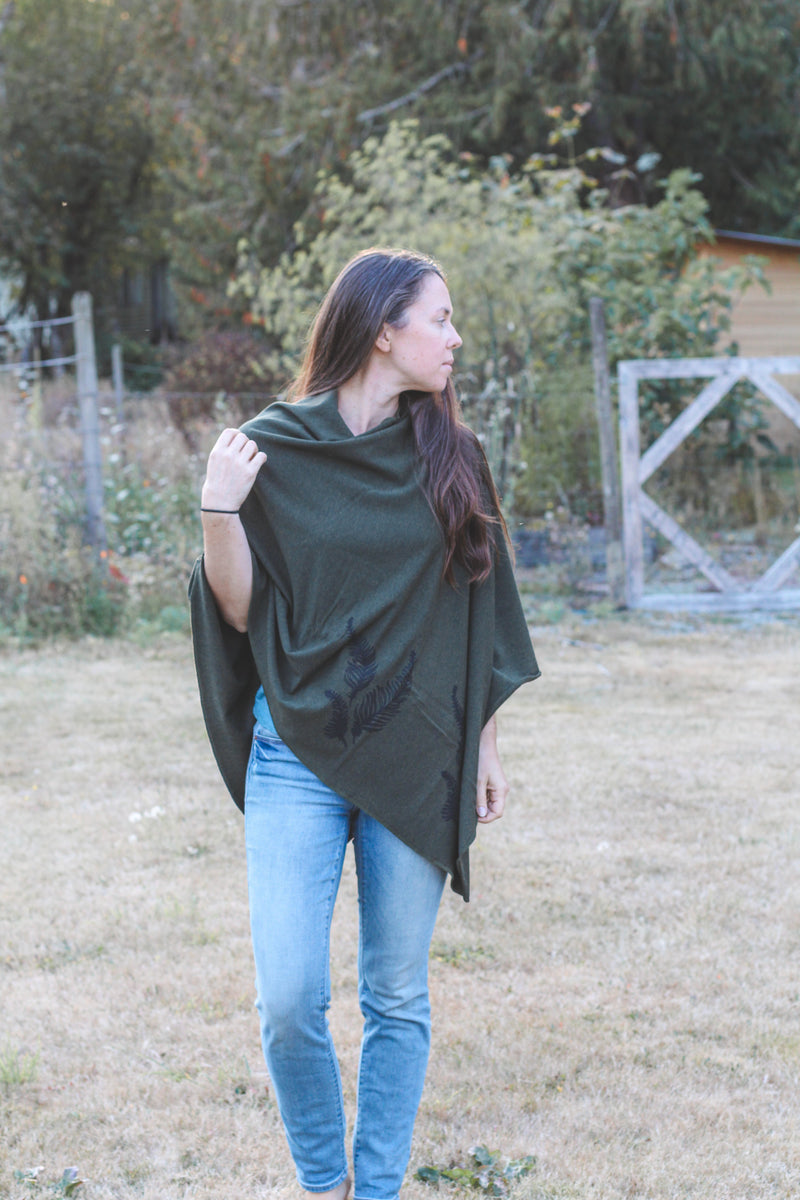 Forest Green Poncho with Fern Print-5