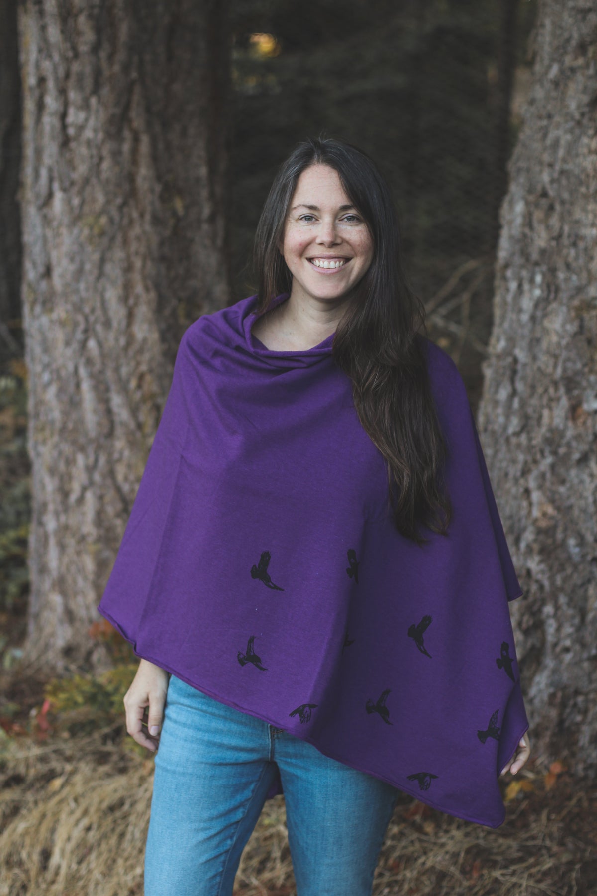 Eggplant Poncho with Birds Print-1