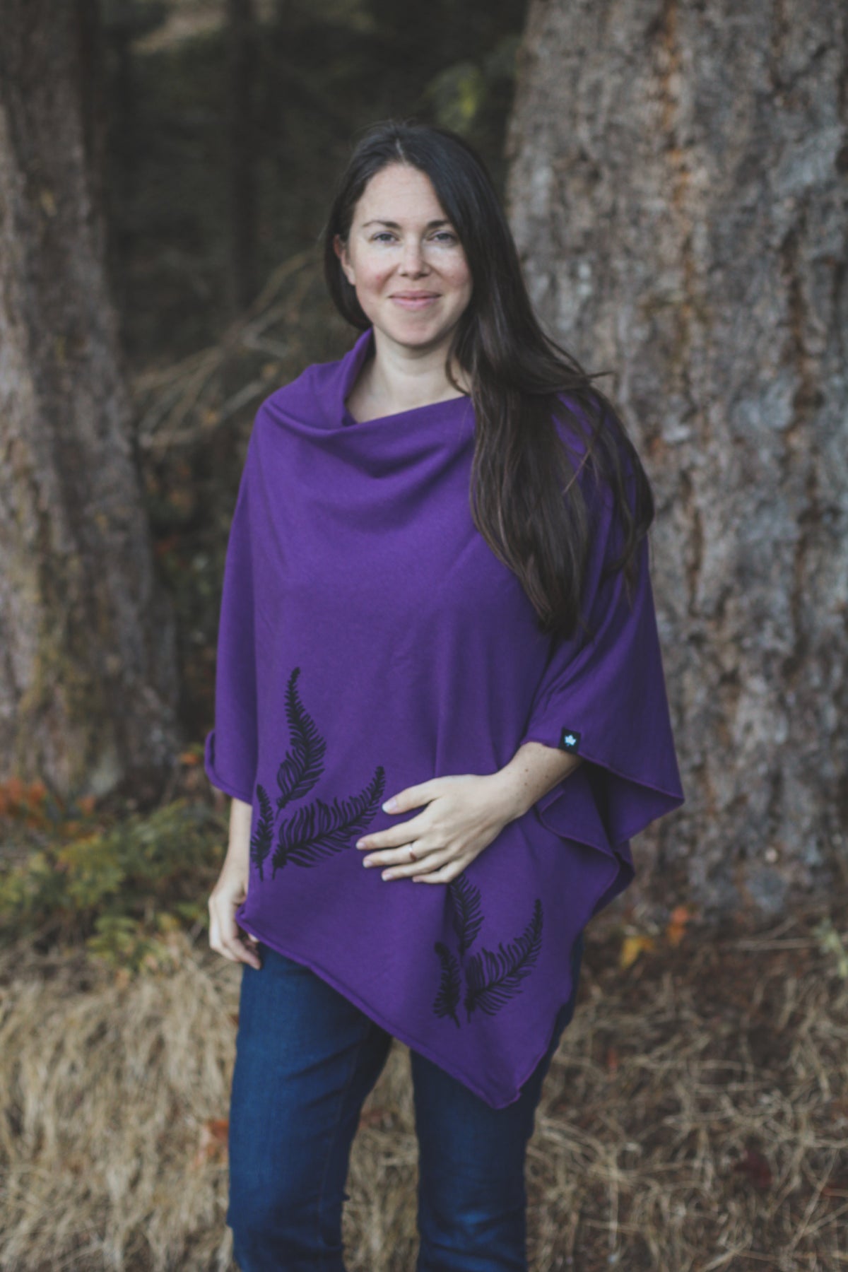 Eggplant Poncho with Fern Print-3