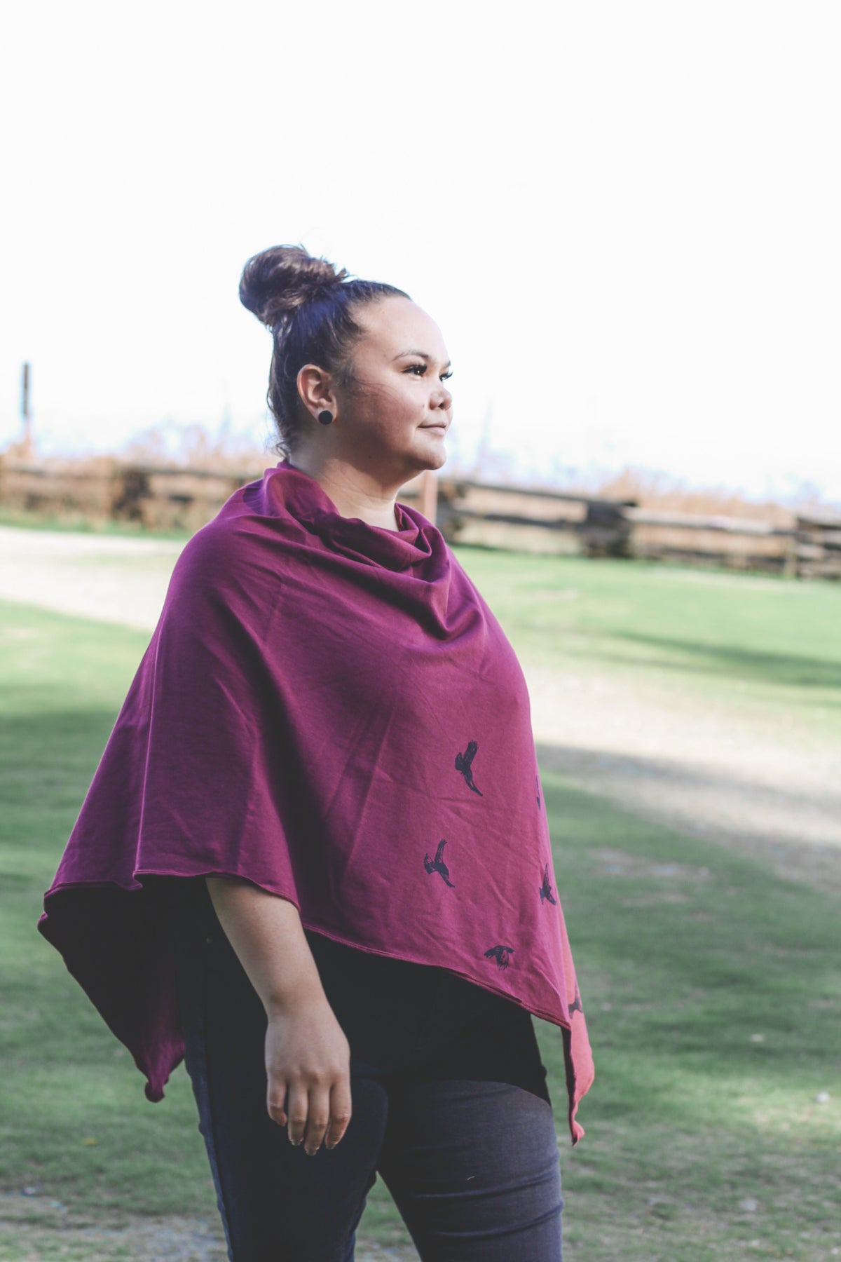 Merlot Poncho with Birds Print-5
