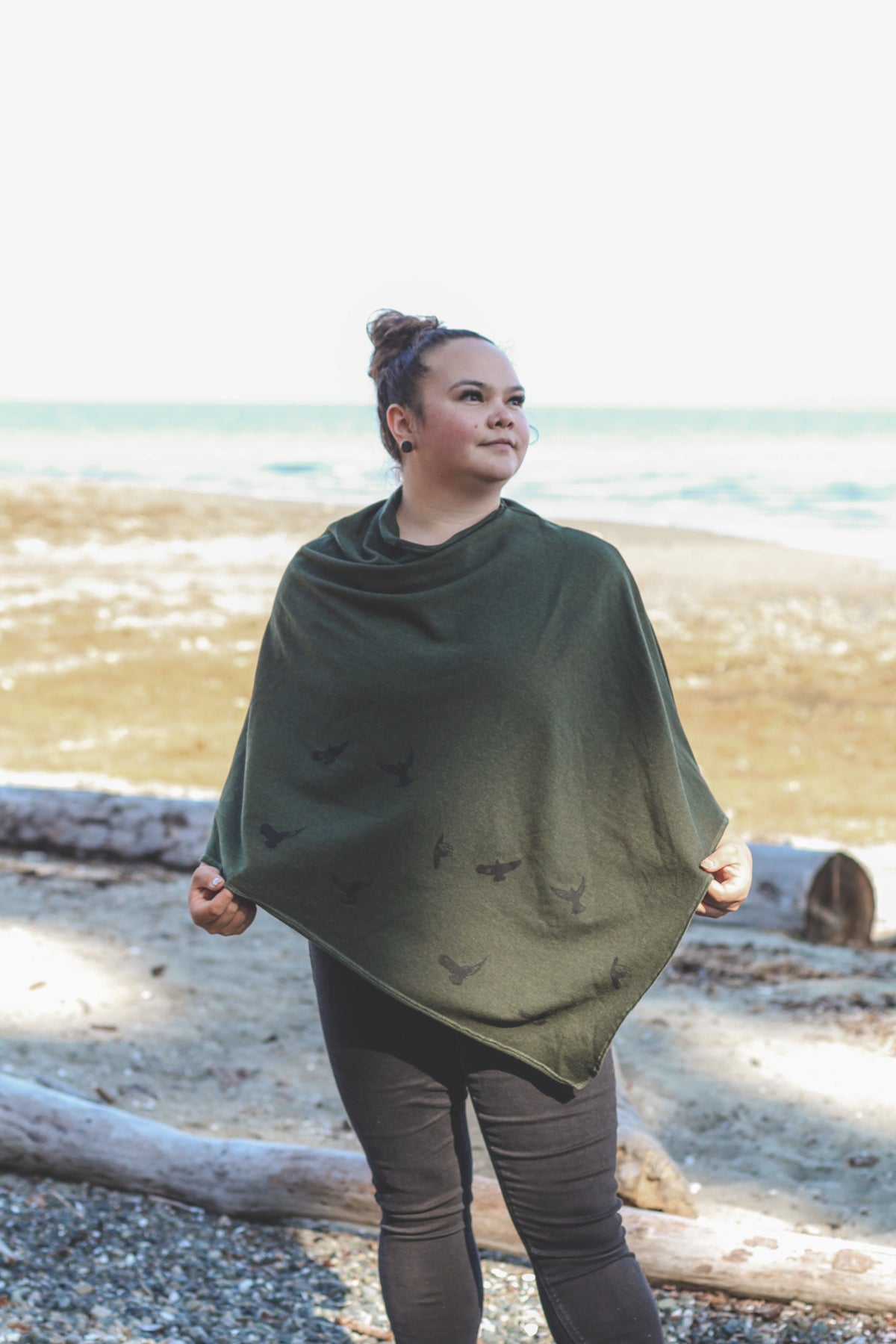 Forest Green Poncho with Birds Print-2