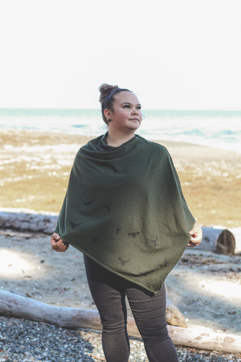 Forest Green Poncho with Birds Print-2