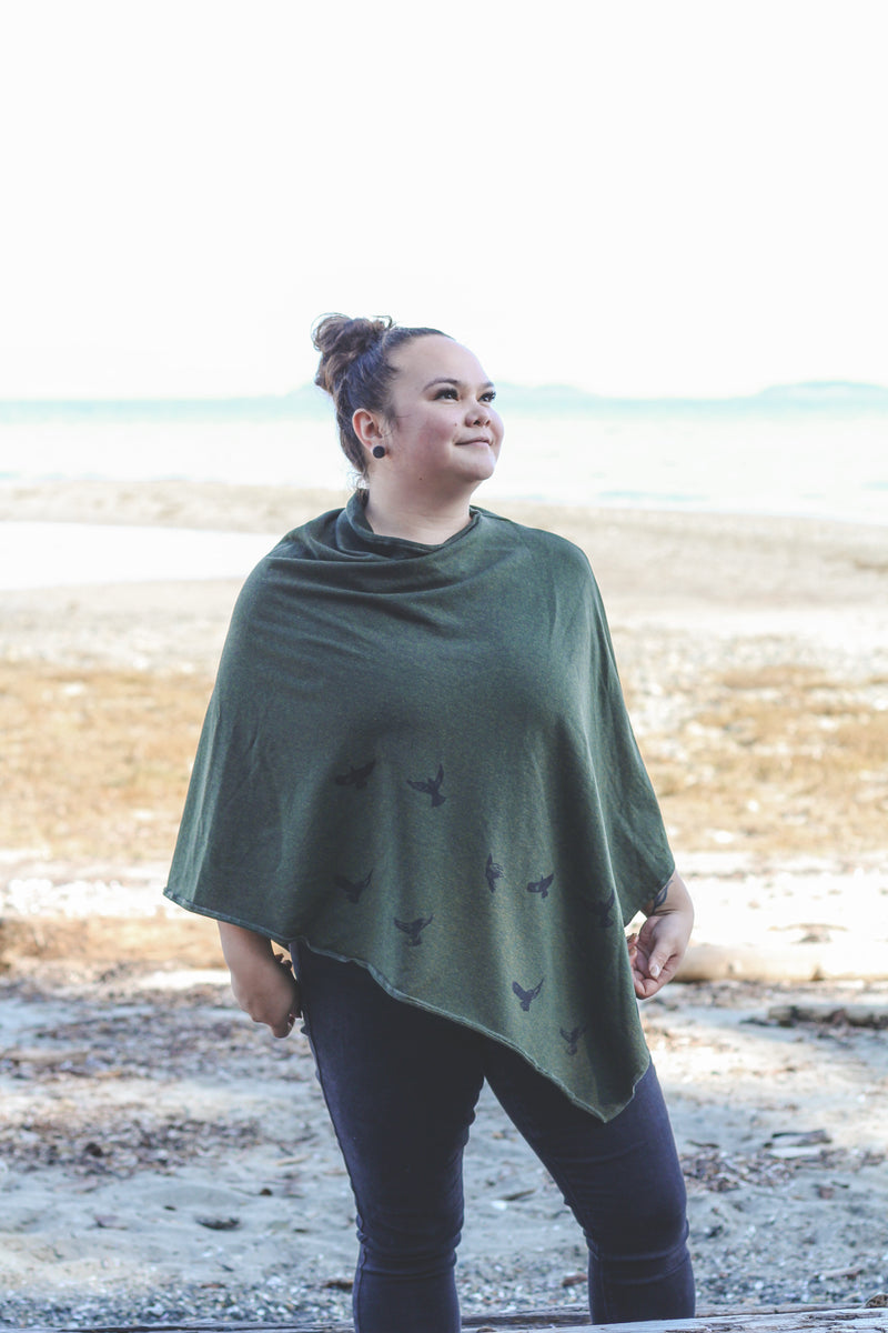 Forest Green Poncho with Birds Print-4