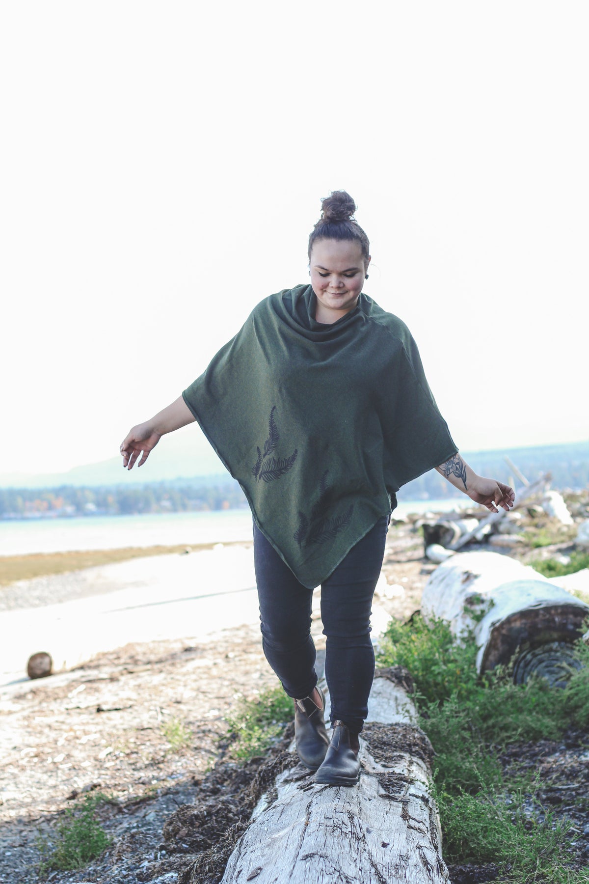 Forest Green Poncho with Fern Print-4