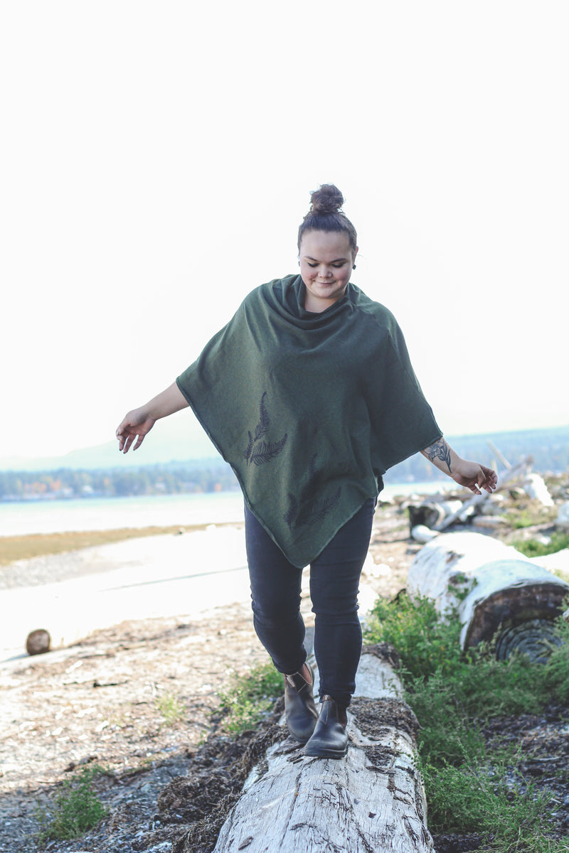 Forest Green Poncho with Fern Print-4
