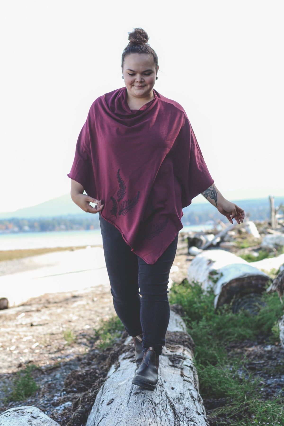 Merlot Poncho with Fern Print-2