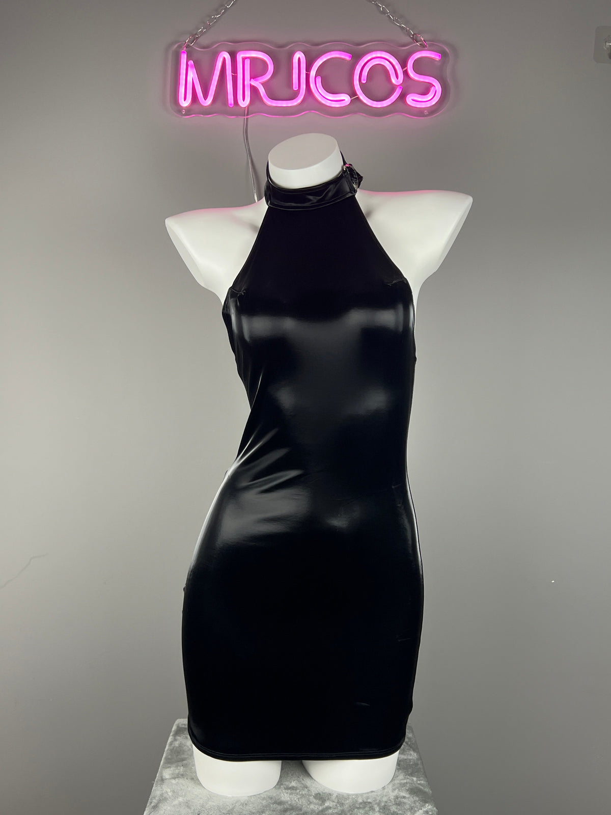 Gothic Sleeveless PU Leather Halter Party Dress Lingerie-2