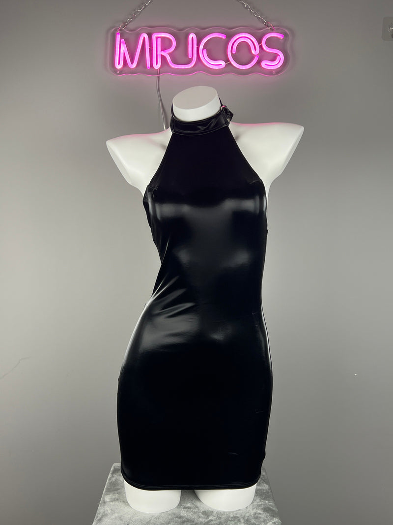 Gothic Sleeveless PU Leather Halter Party Dress Lingerie-2