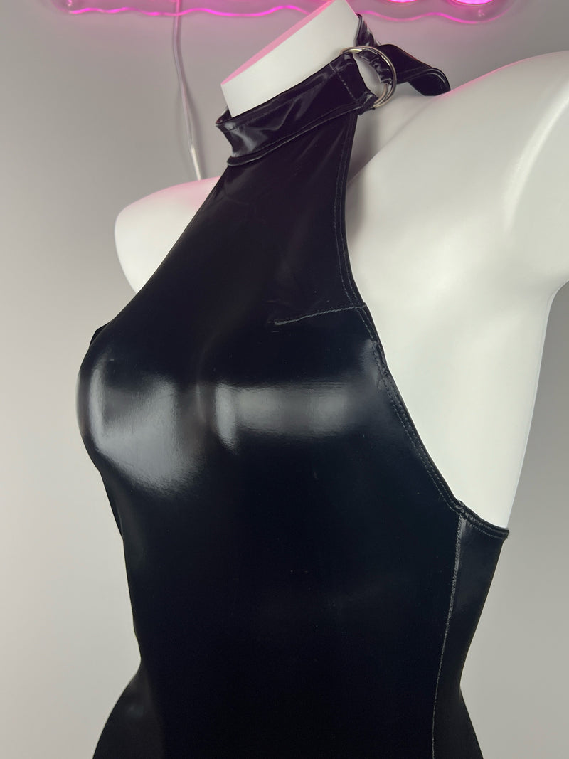 Gothic Sleeveless PU Leather Halter Party Dress Lingerie-4