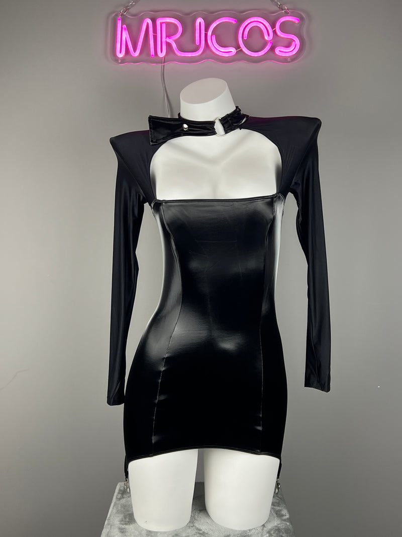 Gothic Long Sleeves Spandex Leather Garter Belt Tight Party Dress Lingerie-2