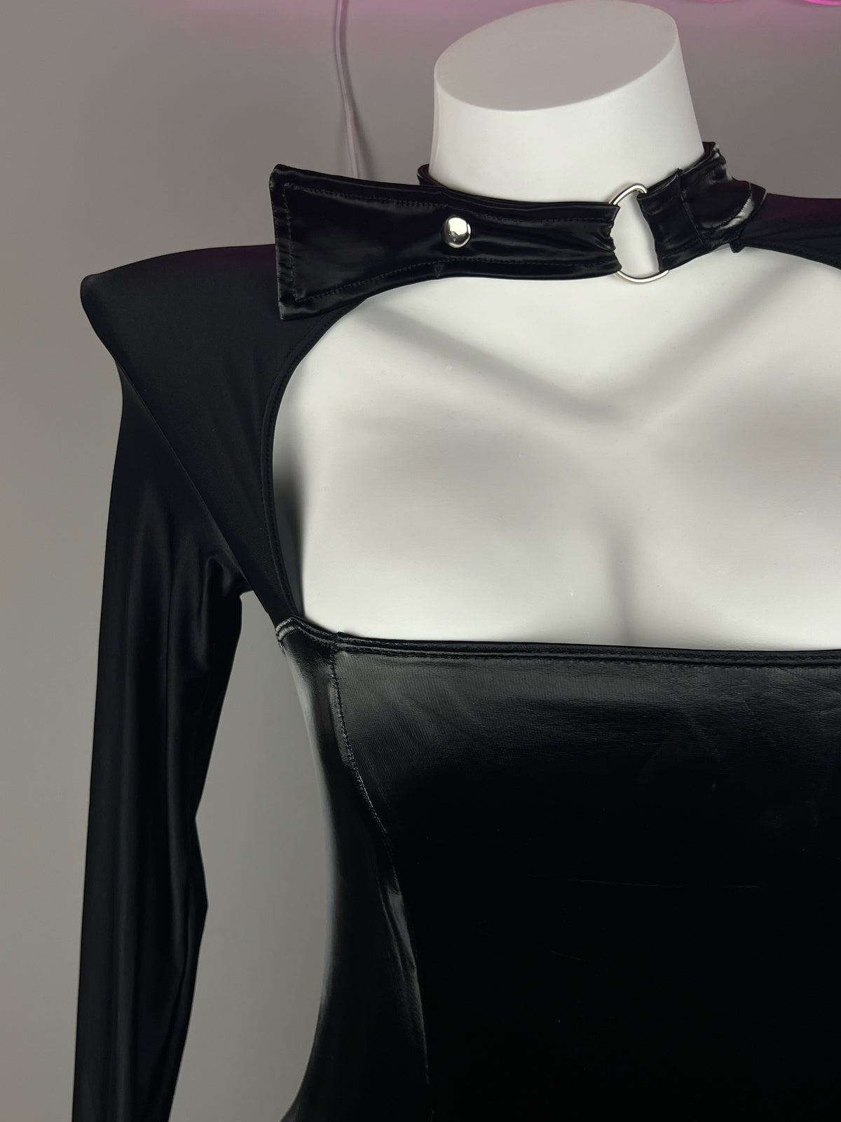 Gothic Long Sleeves Spandex Leather Garter Belt Tight Party Dress Lingerie-4