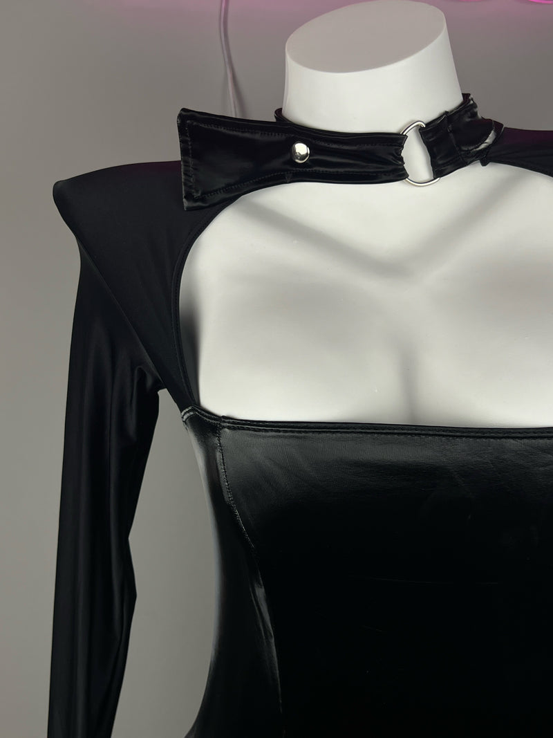 Gothic Long Sleeves Spandex Leather Garter Belt Tight Party Dress Lingerie-4