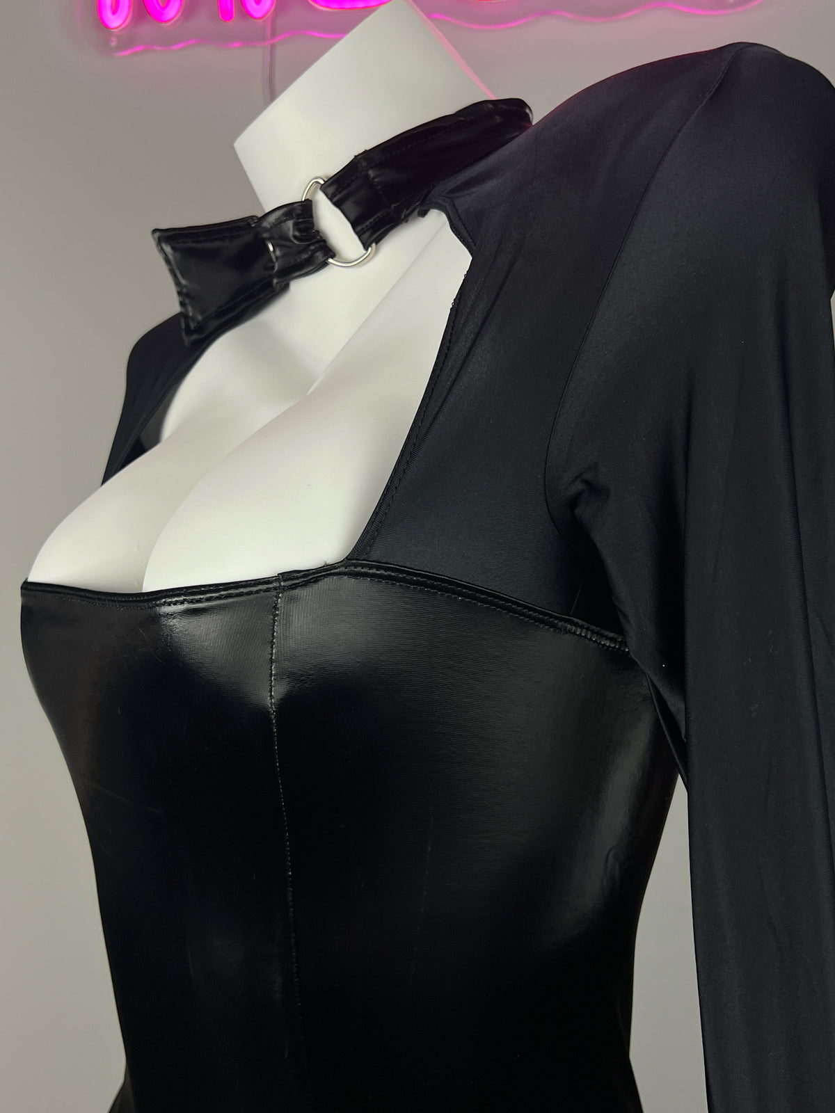 Gothic Long Sleeves Spandex Leather Garter Belt Tight Party Dress Lingerie-3