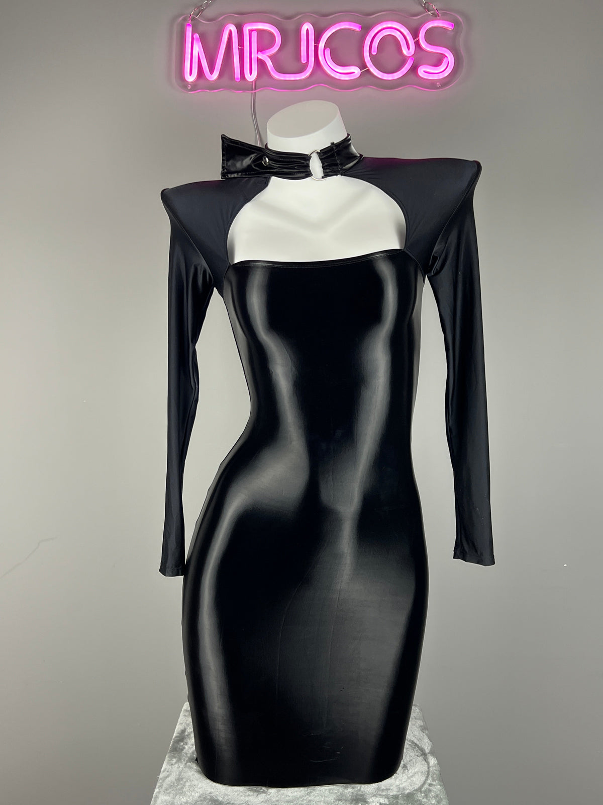 Gothic Long Sleeves Spasndex PU Leather Tight Party Dress Lingerie-2