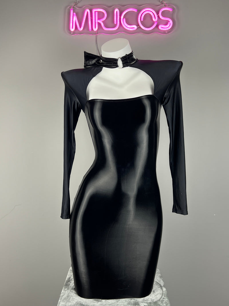 Gothic Long Sleeves Spasndex PU Leather Tight Party Dress Lingerie-2
