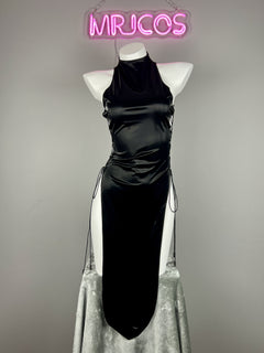Vintage PU Leather Satin Cheongsam Lingerie Sexy Party Dress Costume-10