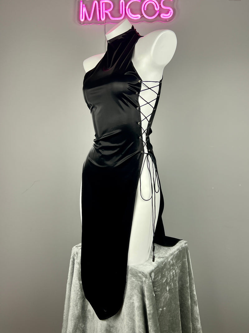Vintage PU Leather Satin Cheongsam Lingerie Sexy Party Dress Costume-11