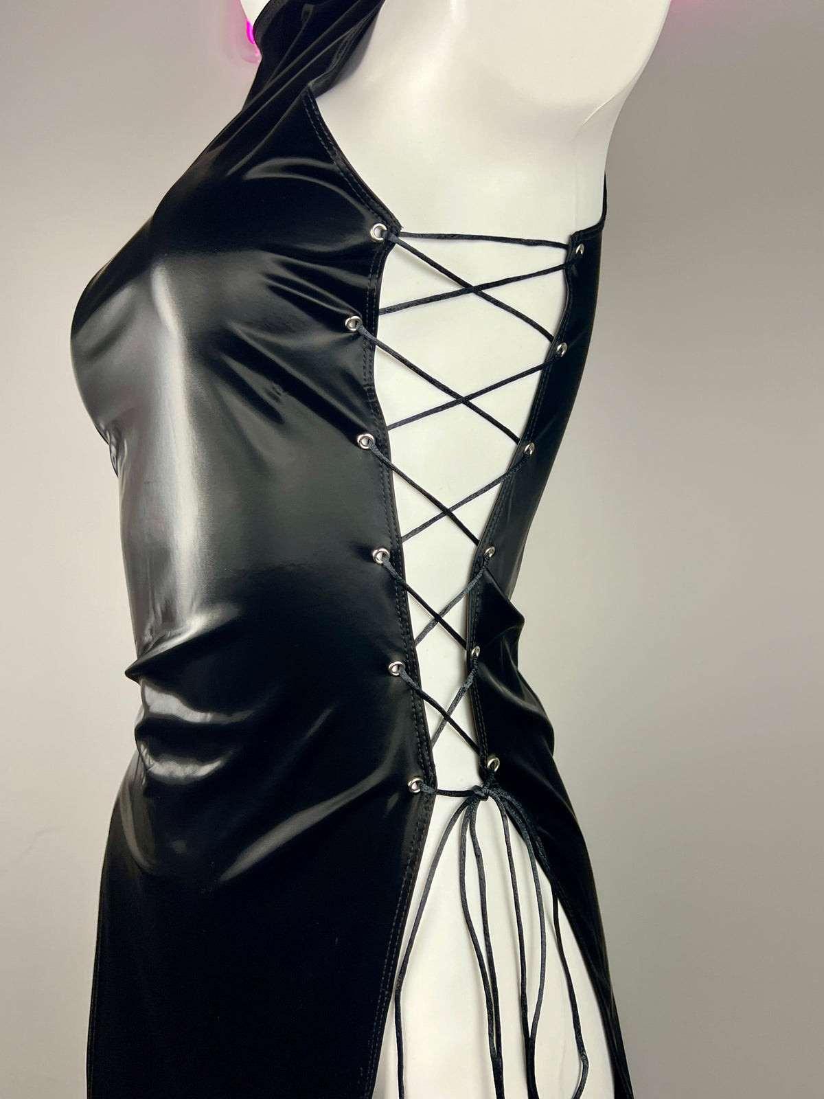 Vintage PU Leather Satin Cheongsam Lingerie Sexy Party Dress Costume-13