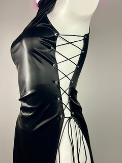 Vintage PU Leather Satin Cheongsam Lingerie Sexy Party Dress Costume-13