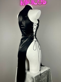 Vintage PU Leather Satin Cheongsam Lingerie Sexy Party Dress Costume-12