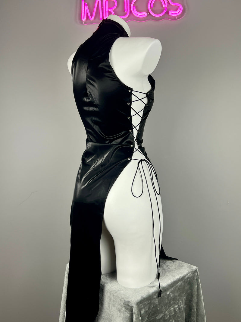 Vintage PU Leather Satin Cheongsam Lingerie Sexy Party Dress Costume-12
