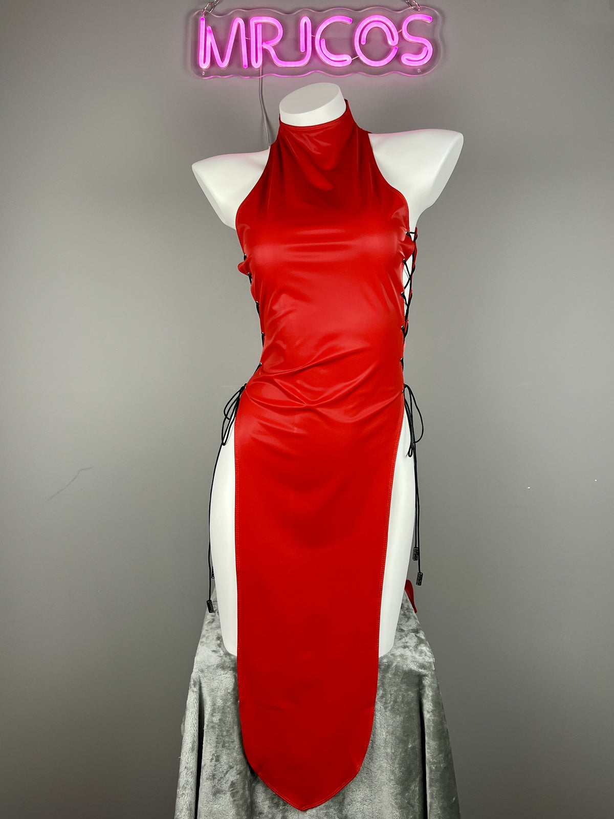 Vintage PU Leather Satin Cheongsam Lingerie Sexy Party Dress Costume-2