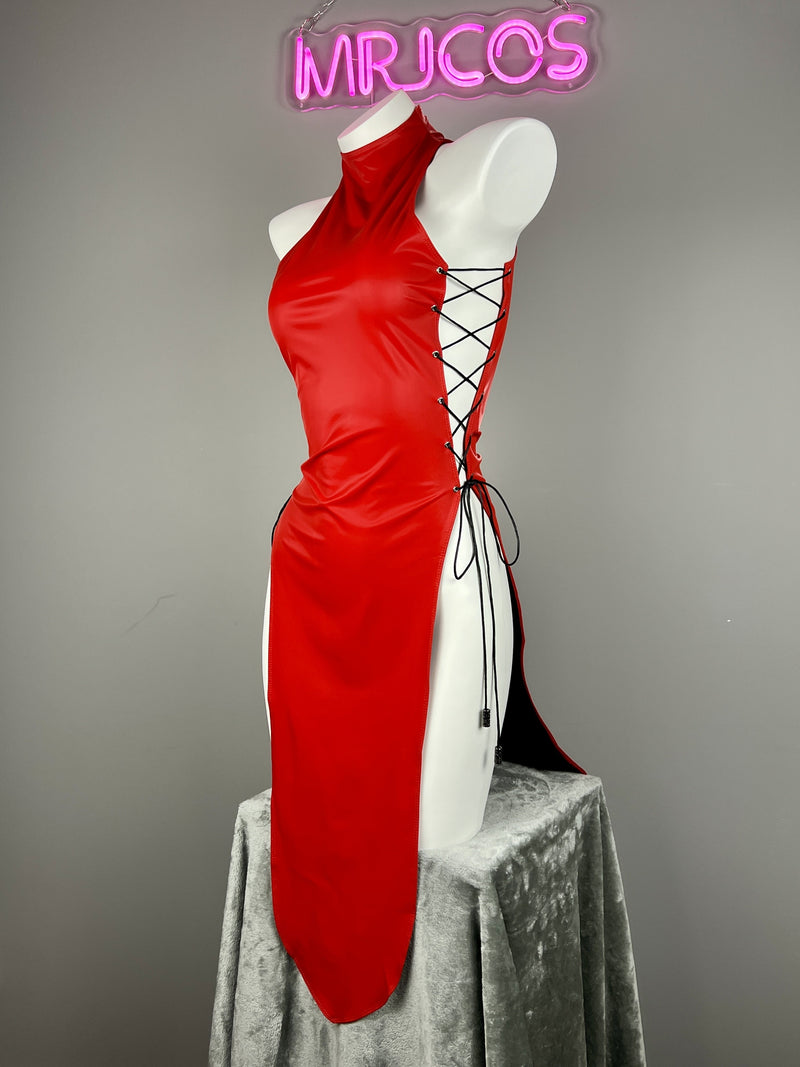 Vintage PU Leather Satin Cheongsam Lingerie Sexy Party Dress Costume-3