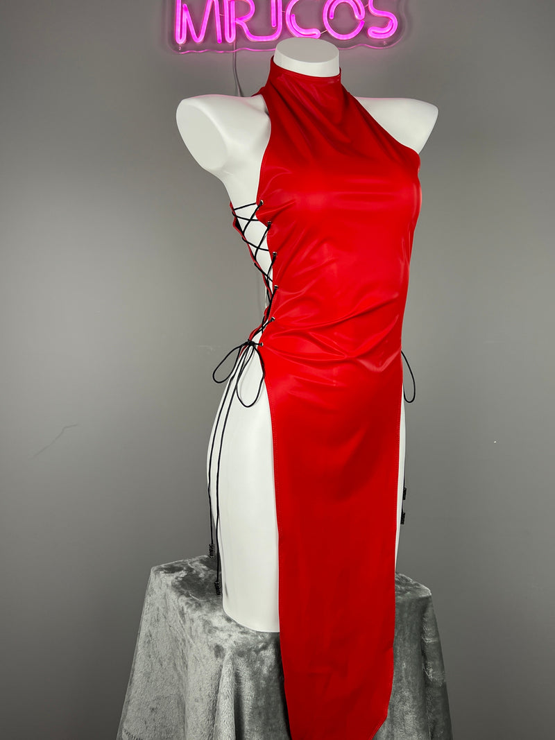 Vintage PU Leather Satin Cheongsam Lingerie Sexy Party Dress Costume-4