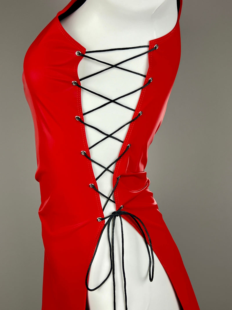 Vintage PU Leather Satin Cheongsam Lingerie Sexy Party Dress Costume-5