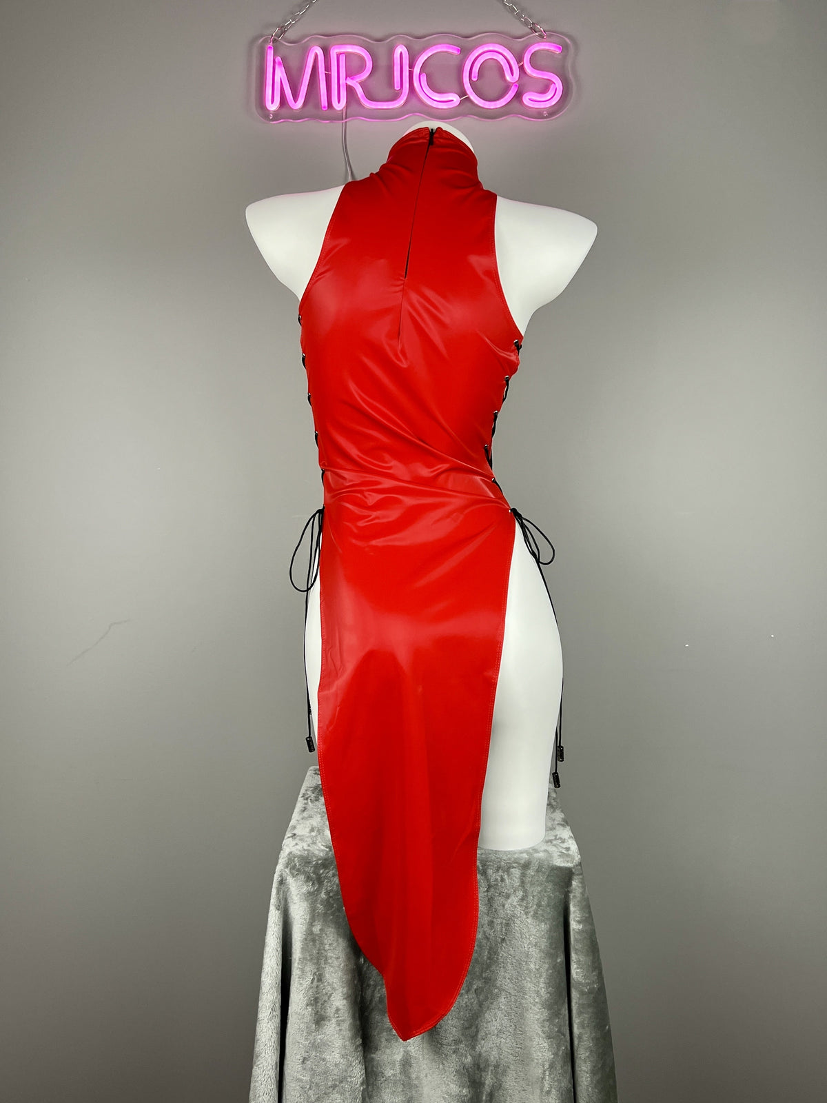 Vintage PU Leather Satin Cheongsam Lingerie Sexy Party Dress Costume-6