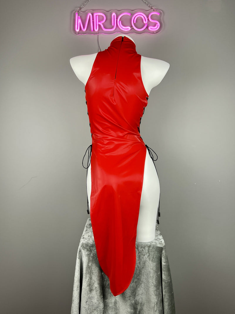 Vintage PU Leather Satin Cheongsam Lingerie Sexy Party Dress Costume-6